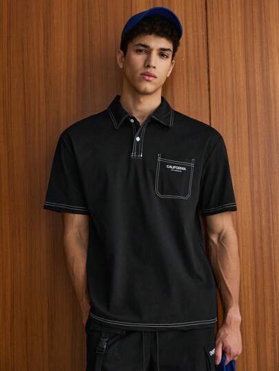 SWAVVY قميص بولو رجالي ذو قصة واسعة مطبوع عليه حروف وبخياطة متباينة