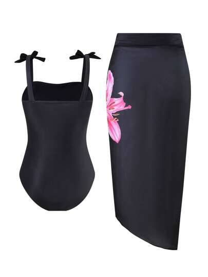 طقم من قطعتين لفتيات، بدلة سباحة قطعة واحدة بنمط خزفي وتنورة شيفون طويلة (بطباعة نمط)