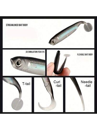 5 قطع / عبوة طعوم لينة للصيد ، طعوم ذيل إبرة / ذيل منحنى / شكل T ، أدوات صيد