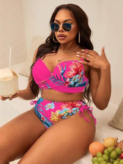 Swim Lushoire بحجم كبير المرأة 2 قطعة مجموعة حمالة صدر صلبة مشكلة سلكية البكيني، طباعة أوراق نباتية استوائية لانكشاف مثير للاستخدام اليومي/ العطلات