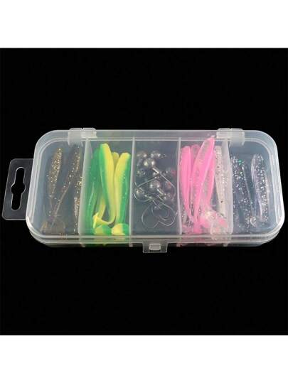 25 قطعة من طعوم السمك و10 قطع من الخطاطيف في صندوق، طعوم السمك اللينة للبلش والزبرقة، طعوم دودة اصطناعية ذيل لينة واقلام رصاص معدنية للخطاطيف