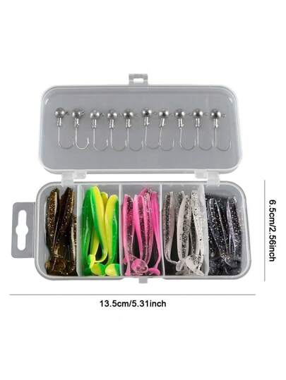 25 قطعة من طعوم السمك و10 قطع من الخطاطيف في صندوق، طعوم السمك اللينة للبلش والزبرقة، طعوم دودة اصطناعية ذيل لينة واقلام رصاص معدنية للخطاطيف