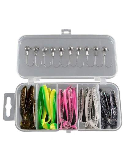 25 قطعة من طعوم السمك و10 قطع من الخطاطيف في صندوق، طعوم السمك اللينة للبلش والزبرقة، طعوم دودة اصطناعية ذيل لينة واقلام رصاص معدنية للخطاطيف