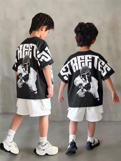 مايوه حريمي قطعة واحدة مجموعة من 2 قطعة من تي شيرت كاجوال بأكمام قصيرة مطبوع عليه رسم وشورت مريح للبنين الصغار