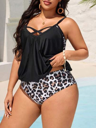 Swim Lushoire طقم سباحة نسائي أنيق للحجم الكبير بطبعة نمر للكاجوال والشاطئ، توب تانكيني أفتر الرقبة