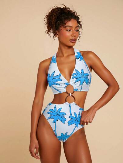 مايوه حريمي قطعة واحدة Travachic 1 قطعة بدلة سباحة نسائية من قطعة واحدة ذات بلورات وطبعة أشجار النخيل للإجازة، بتصميم جذاب