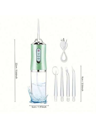 قطعة واحدة من فلوسير المياه المحمول القابل للشحن ، أداة تنظيف الفم بالمياه مع 4 فوهات وكبل USB ، مع 3 مستويات ضغط قابلة للتعديل ، منظف أسنان لاسلكي للعناية الفموية في المنزل والسفر