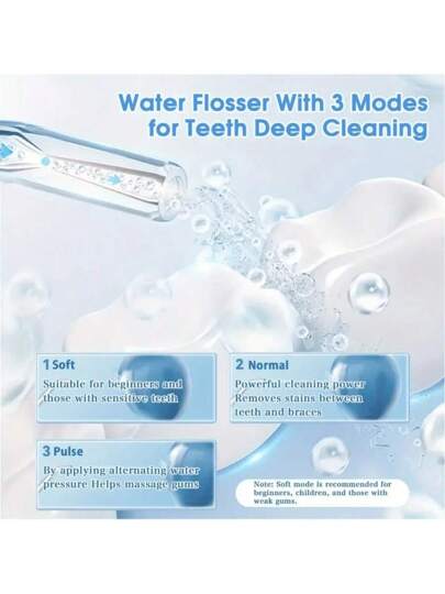 قطعة واحدة من فلوسير المياه المحمول القابل للشحن ، أداة تنظيف الفم بالمياه مع 4 فوهات وكبل USB ، مع 3 مستويات ضغط قابلة للتعديل ، منظف أسنان لاسلكي للعناية الفموية في المنزل والسفر