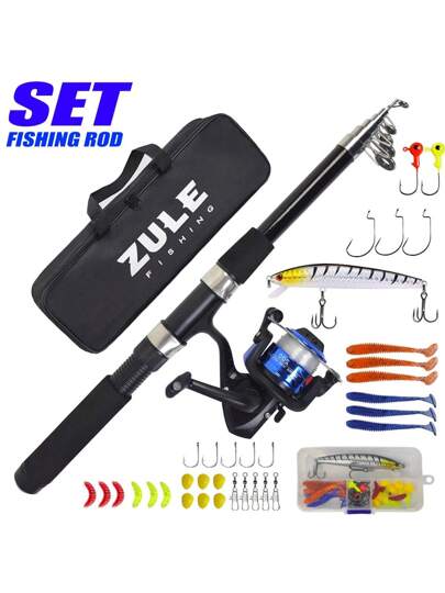 طقم صيد مع بكرة ، خط ، طعم ، اكسسوارات وحقيبة تخزين بطول 80.7 بوصة ، أفضل طقم صيد للمبتدئين والبادئين