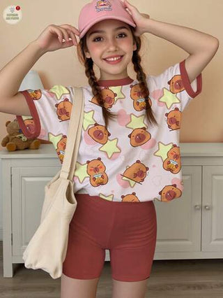 girls-sets مجموعة قميص كم قصير و شورت تنورة بطبعة قبطور كرتونية جميلة، بألوان البطيخ، مناسبة للبنات المراهقات في الصيف، 2 قطعة في المجموعة