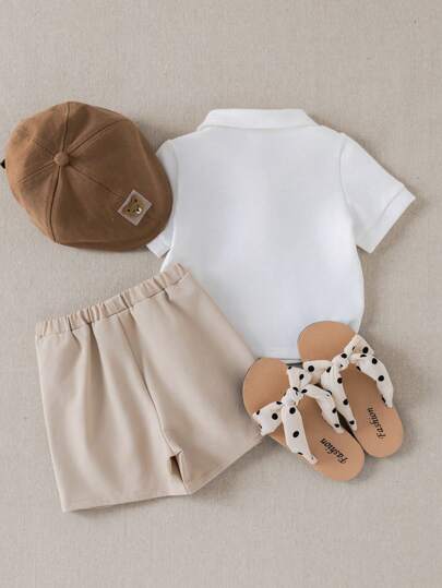 PrepCrw طقم قميص قصير الأكمام بياقة بولو وتنورة منبعجة بقطعتين للبنات الصغار بأسلوب كلية