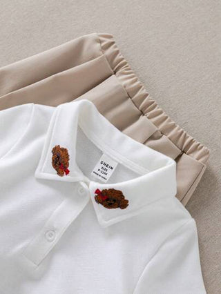 PrepCrw طقم قميص قصير الأكمام بياقة بولو وتنورة منبعجة بقطعتين للبنات الصغار بأسلوب كلية