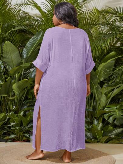 Slaydiva فستان تغطية لحجم كبير لشاطئ العطلات بلون أساسي مع شق جانبي