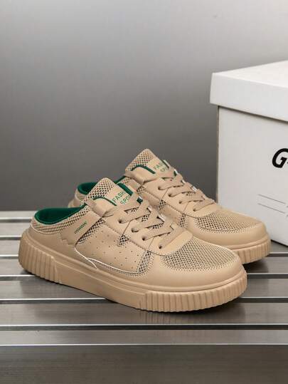 أحذية كاجوال رجالية، لونها أحادي اللون ، مزينة برقعة حرفية ، قابلة للالتفاف, تنفس شبكي خفيف الوزن ، تصميم بسيط متعدد الاستخدامات للارتداء في الخارج