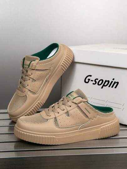 أحذية كاجوال رجالية، لونها أحادي اللون ، مزينة برقعة حرفية ، قابلة للالتفاف, تنفس شبكي خفيف الوزن ، تصميم بسيط متعدد الاستخدامات للارتداء في الخارج