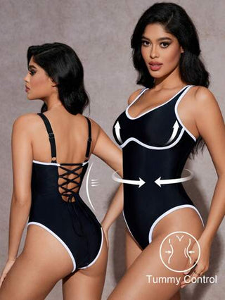 مايوه حريمي قطعة واحدة Shapewave قطعة واحدة من ملابس السباحة الحريمي ذو قطعة واحدة ذو تصميم ألوان أسود وأبيض مثير، بتصميم ربطة