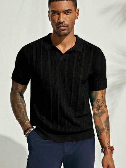 قميص بولو مجنز بأكمام قصيرة أزرق داكن للرجال - بنمط محبوك عمودي - مريح وأنيق للاستخدام اليومي والكاجوال الأنيق