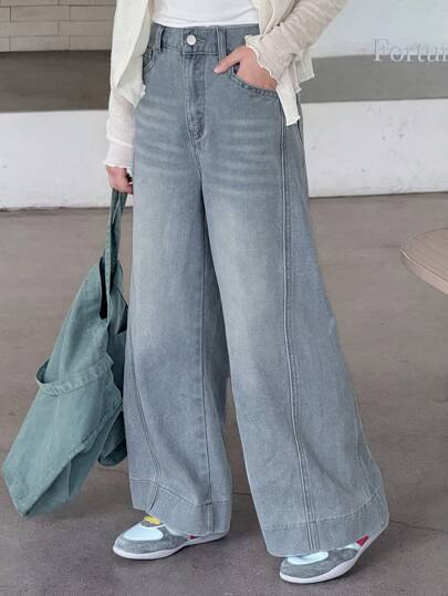 DAZY جينز سراويل واسعة الساق بتصميم باهت للفتيات المراهقات الكاجوال