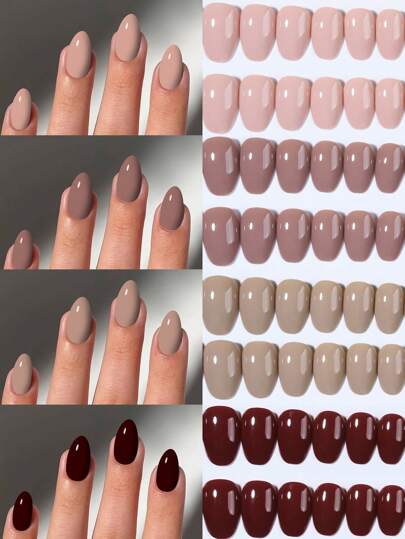 96 قطعة/علبة (4 ألوان متنوعة) أظافر قصيرة بتصميم بيضاوي قصير من الأكريليك والألوان البنية، تغطية كاملة للأظافر الاصطناعية ، تحتوي على 1 قطعة من صمغ الجيلي و 1 قطعة من ملف الأظافر ، بعلبة تخزين مناسبة للمرأة والفتاة لاستخدام اليومي والحفلات