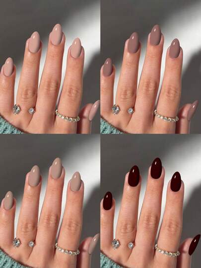 96 قطعة/علبة (4 ألوان متنوعة) أظافر قصيرة بتصميم بيضاوي قصير من الأكريليك والألوان البنية، تغطية كاملة للأظافر الاصطناعية ، تحتوي على 1 قطعة من صمغ الجيلي و 1 قطعة من ملف الأظافر ، بعلبة تخزين مناسبة للمرأة والفتاة لاستخدام اليومي والحفلات