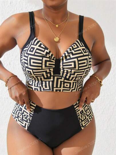 Slaydiva بدلة شاطئية الحجم الكبير مكونة من صدرية ذات طباعة هندسية وسراويل سباحة/بكيني