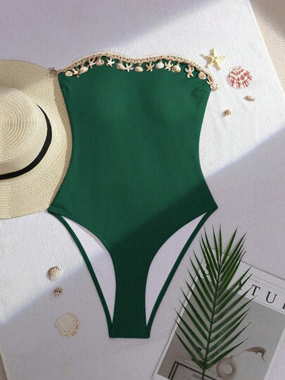 مايوه حريمي قطعة واحدة Swim SXY بدلة سباحة صيفية من قطعة واحدة للنساء بتصميم مبتكر للعطلات، أحادية اللون، رقبة هلتر، ظهر مفتوح، ربط متقاطع، زخارف صدفة وجنزير، بنسيج أضلاع، ملابس شاطئية