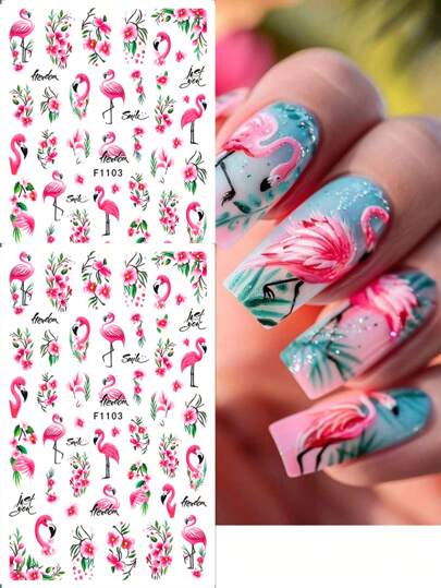 ملصقات أظافر بنقشة 3D لنبات الفلامنجو وأزهار الهبيسكس الوردية والأوراق الخضراء، تصميم نباتي وحيواني، ديكورات أظافر ذاتية اللصق مناسبة للربيع والصيف، ديكورات نقش كرتونية عصرية للصالونات وتزيين الأظافر