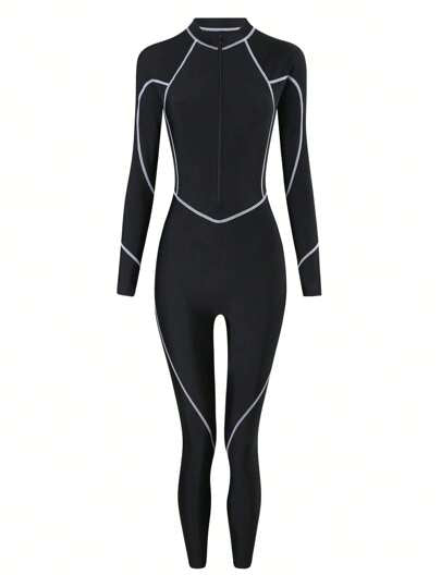 مايوه حريمي قطعة واحدة Bikinx بذلة سباحة يونيسكس مع سحاب ذات أكمام طويلة، لون قاعدة صلب مع حواف نحيفة متباينة، بطراز رياضي مناسب للصيف