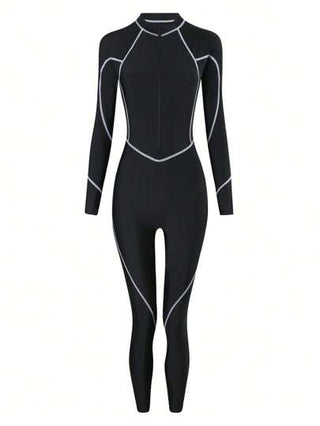 مايوه حريمي قطعة واحدة Bikinx بذلة سباحة يونيسكس مع سحاب ذات أكمام طويلة، لون قاعدة صلب مع حواف نحيفة متباينة، بطراز رياضي مناسب للصيف