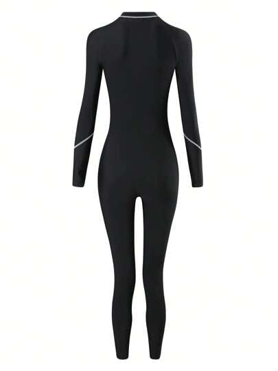 مايوه حريمي قطعة واحدة Bikinx بذلة سباحة يونيسكس مع سحاب ذات أكمام طويلة، لون قاعدة صلب مع حواف نحيفة متباينة، بطراز رياضي مناسب للصيف