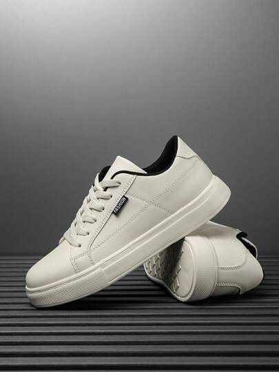 أحذية رياضية كاجوال بسيطة للرجال، موحد اللون مع طباعة حرفية مخططة، رقبة مربوطة بنسيج، أحذية منخفضة براحة وخفيفة الوزن مناسبة للخروج اليومي، لألعاب رياضية