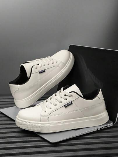 أحذية رياضية كاجوال بسيطة للرجال، موحد اللون مع طباعة حرفية مخططة، رقبة مربوطة بنسيج، أحذية منخفضة براحة وخفيفة الوزن مناسبة للخروج اليومي، لألعاب رياضية