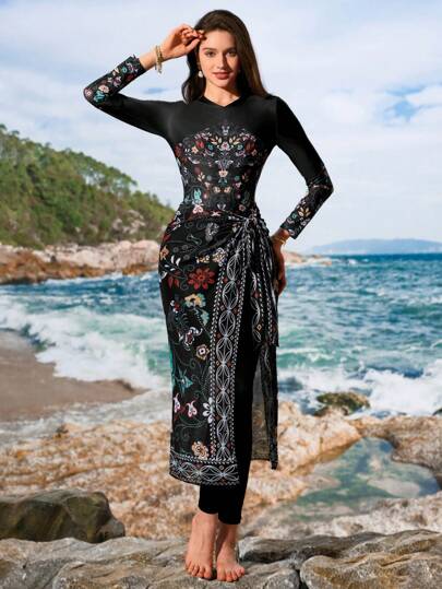 Swim Shayni قطعتان بدلة سباحة مطبوع عليها رسوم زهور مع ركاب متوافق بالرسومات، للنساء