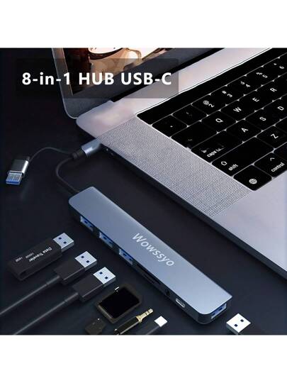 WOWSSYO موزع USB C 8 في 1 ماركة Wowssyo، أدوات: 3.5 مم صوت، USB 3.0/2.0، نوع C، كارت SD/TF، محول USB C، مناسب للكمبيوتر والهواتف المحمولة والأجهزة اللوحية