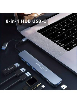 WOWSSYO موزع USB C 8 في 1 ماركة Wowssyo، أدوات: 3.5 مم صوت، USB 3.0/2.0، نوع C، كارت SD/TF، محول USB C، مناسب للكمبيوتر والهواتف المحمولة والأجهزة اللوحية