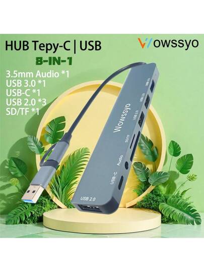 WOWSSYO موزع USB C 8 في 1 ماركة Wowssyo، أدوات: 3.5 مم صوت، USB 3.0/2.0، نوع C، كارت SD/TF، محول USB C، مناسب للكمبيوتر والهواتف المحمولة والأجهزة اللوحية