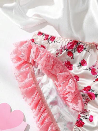 FloralLove ملابس داخلية للسيدات ذات طبعات زهرية وحدود من التطعيمات البيضاء، مزينة بفيونكة، رومانسية للاحتفال بعيد الحب
