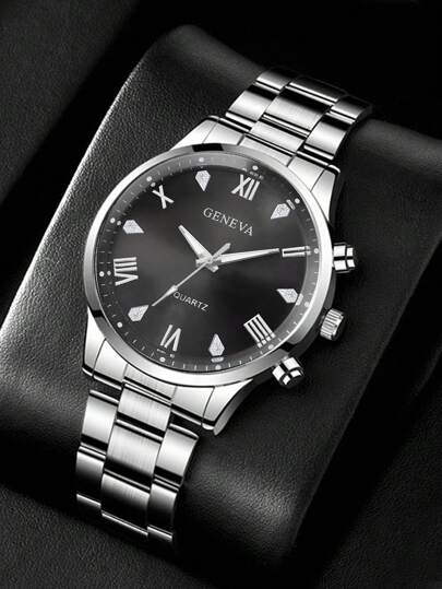 مجموعة ساعة الكوارتز الفاخرة المكونة من 4 قطع للرجال - قلادة قلم ذهبي، سوار، خاتم، ساعة من الفولاذ المقاوم للصدأ، متينة ومريحة، مناسبة للأنشطة اليومية والرياضية - هدية مثالية