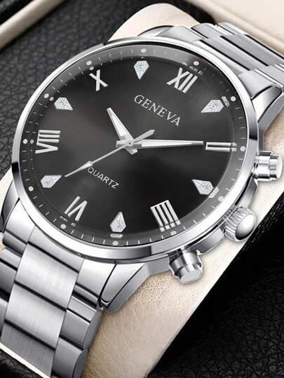 مجموعة ساعة الكوارتز الفاخرة المكونة من 4 قطع للرجال - قلادة قلم ذهبي، سوار، خاتم، ساعة من الفولاذ المقاوم للصدأ، متينة ومريحة، مناسبة للأنشطة اليومية والرياضية - هدية مثالية