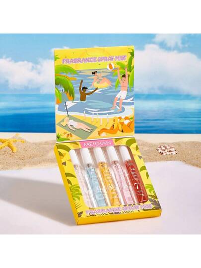 مجموعة رذاذ العطر الرقمي الشاطئي مع 5 روائح مختلفة | طويل الأمد، طبيعي، منعش، وساحر، رذاذ معطر محمول مناسب للحفلات | التجمعات | هدايا عيد ميلاد الصديقات