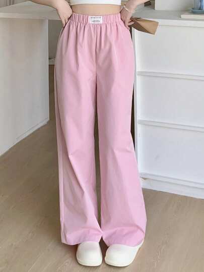 بنطلون مريح متعدد الاستخدامات للبنات المراهقات ذو حزام منسوج ملصق منسوج مزخرف، مناسب للاسترخاء والراحة بالمنزل