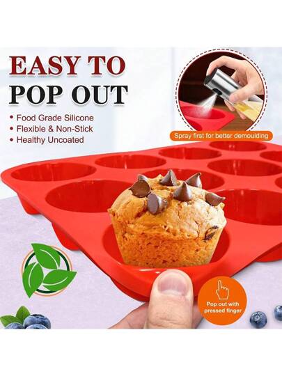 صينية الكب كيك السيليكون - 12 كوب، صينية الكب كيك السيليكون العادية، غير لاصقة، سيليكون رائع لصنع الكعك والفطائر والخبز ، وآمنة للغسل في غسالة الأطباق