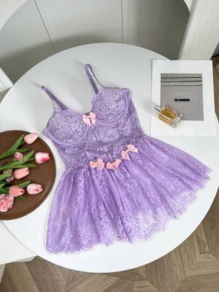 لانجيري حريمي FloralLove ثوب نوم نسائي جذاب وأنيق مزين بالدانتيل والفيونكة