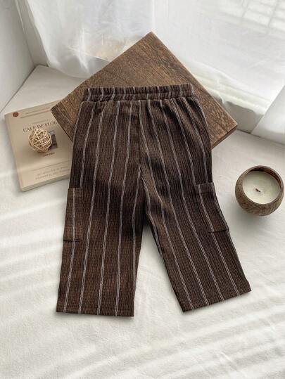 SHEIN Vintaside Kids بناطيل مخطط للأولاد الرضع، متعددة الاستخدامات ومريحة لجميع الفصول، يمكن ارتداؤها مع أي نمط من القمصان