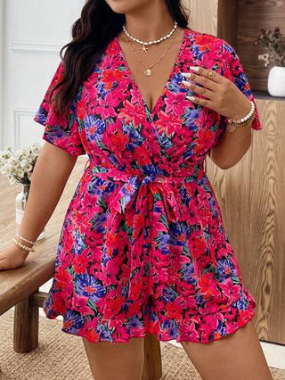 PETITE رومبير بياقة على شكل حرف V و أكمام قصيرة بخصر مربوط للمرأة البدينة، كاجوال وأنيق للربيع والصيف والعطلات، يُكسب الجسم منظر جذاب