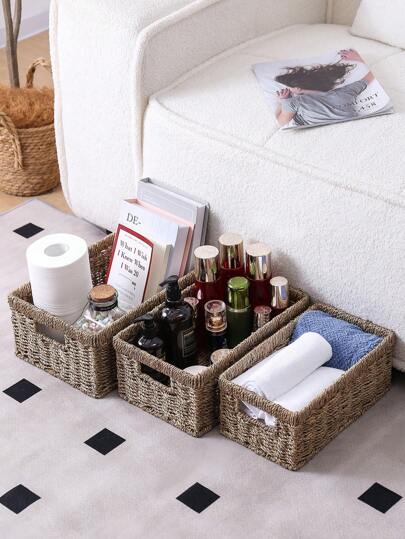 1 قطعة/3 قطع سلة تخزين مُنسوجة يدويًا،منظم من القصب للحمام والمطبخ والنوم والغسيل وديكور المنزل - منظم طاولة كبير مصنوع يدويًا من الخيزران لورق المرحاض والمستحضرات التجميلية ، منظم للرفوف، حفلات خارجية، وإكسسوارات المكتب