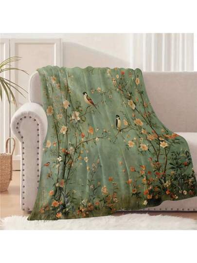 بطانية فرو مطبوعة بطراز نباتي أخضر كلاسيكي، مصنوعة من بوليستر مُحبك، مطبوعة رقميًا، بطراز الأيام الغابرة، صالحة لجميع الفصول قطعة واحدة