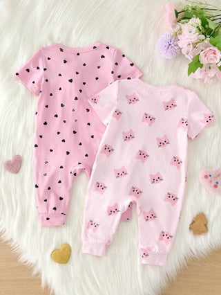 SHEIN مجموعة 2 قطعة للرضيع الفتاة حديث الولادة من دوزيمود، جمبسوت قصيرة الأكمام برسوم القطط والقلوب على الرقبة بسحاب أمامي، دعسوقة ناعمة ودافئة