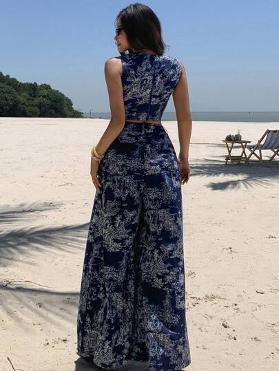 DAZY مجموعة ملابس علوية خزان وبنطال بطول الأرض ذو ساق واسعة مطبوع بالزهور لموسم الصيف، طراز العطلات 2 قطعة/مجموعة