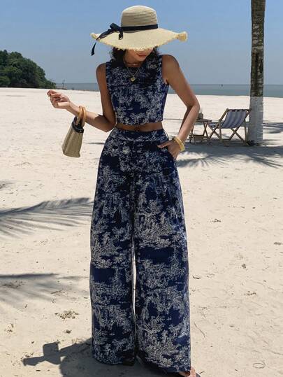 DAZY مجموعة ملابس علوية خزان وبنطال بطول الأرض ذو ساق واسعة مطبوع بالزهور لموسم الصيف، طراز العطلات 2 قطعة/مجموعة